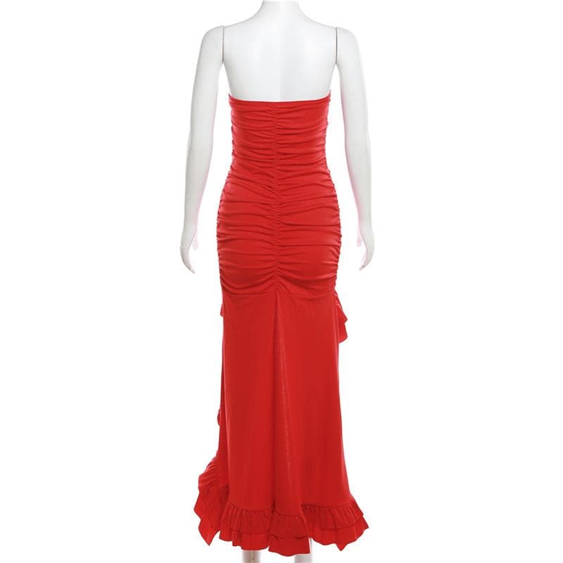 Ruched ruffle solid backless tube maxi dress