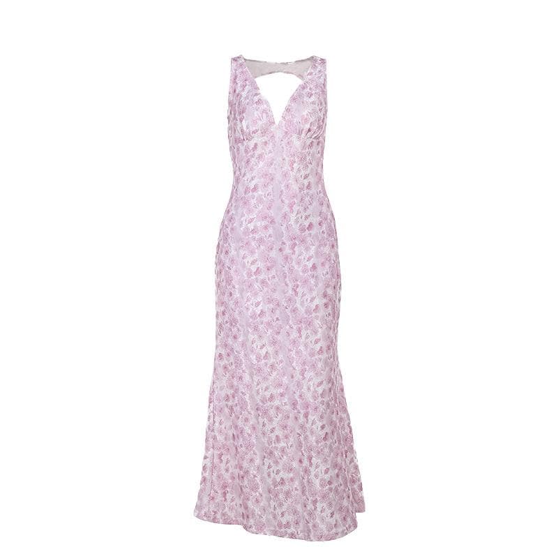 Textured v neck backless print tank midi dress