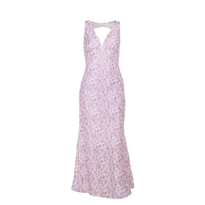 Textured v neck backless print tank midi dress