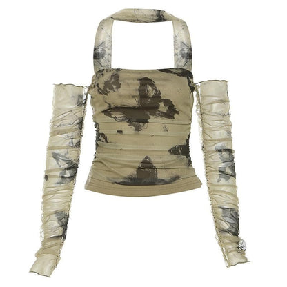 Mesh butterfly pattern off shoulder contrast long sleeve top