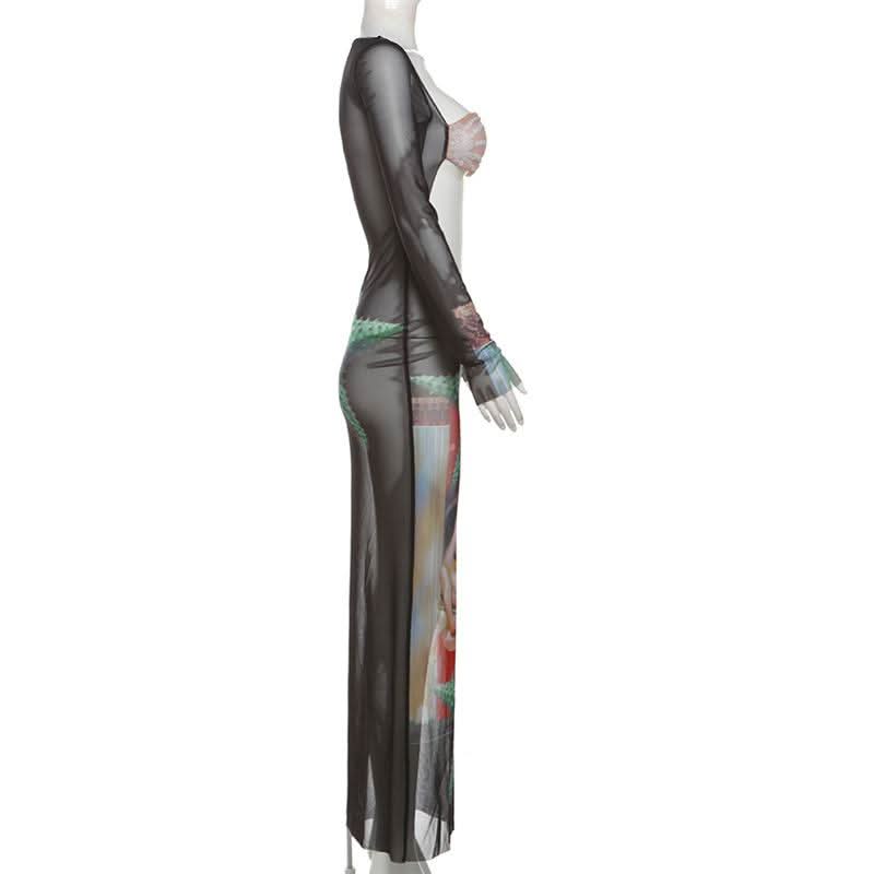 Long sleeve mesh hollow out print see through cut out maxi dress
