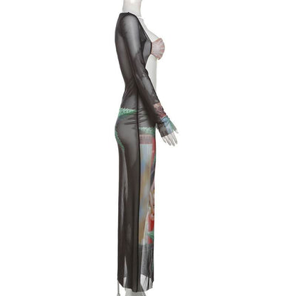 Long sleeve mesh hollow out print see through cut out maxi dress