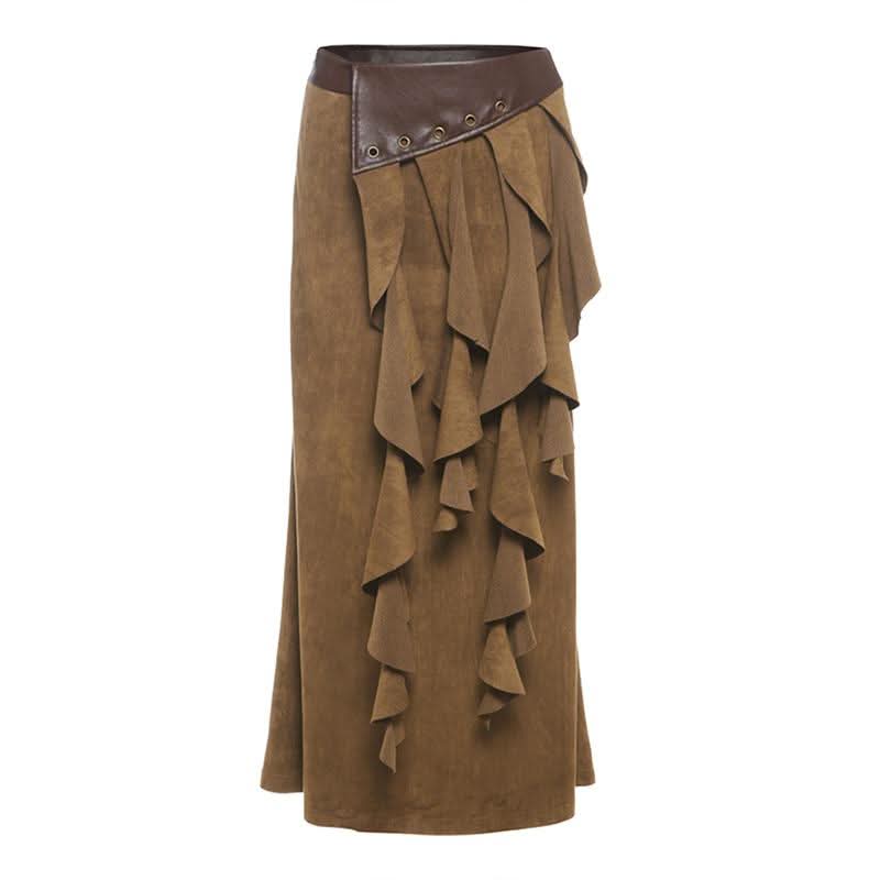 Zip-up ruffle irregular PU leather midi skirt