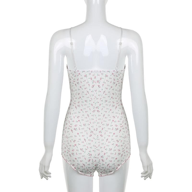 V neck textured flower print cami romper