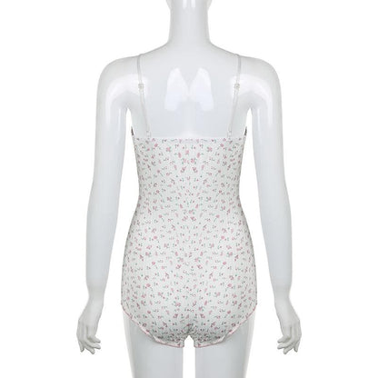 V neck textured flower print cami romper
