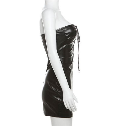 PU leather lace up backless mini dress
