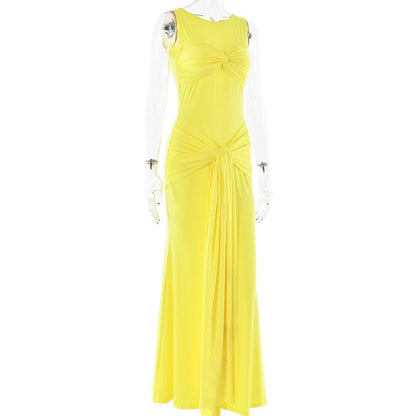 Sleeveless crewneck ruched knotted solid maxi dress