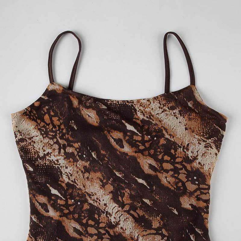 U neck print mesh backless cami maxi dress