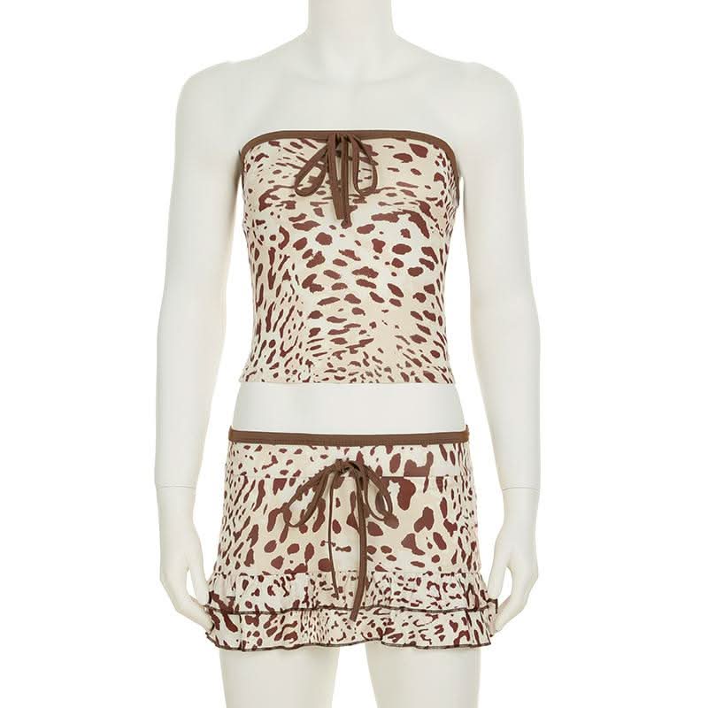 Leopard print bowknot tube mini skirt set