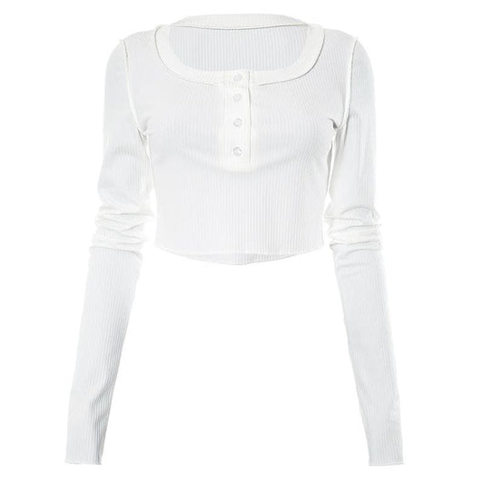Button ribbed stitch long sleeve solid crop top