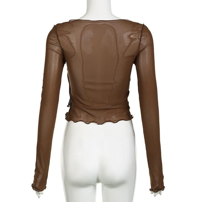 Long sleeve v neck ruched ruffle print sheer mesh stitch top