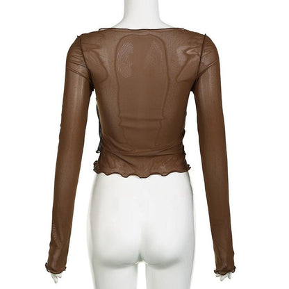 Long sleeve v neck ruched ruffle print sheer mesh stitch top