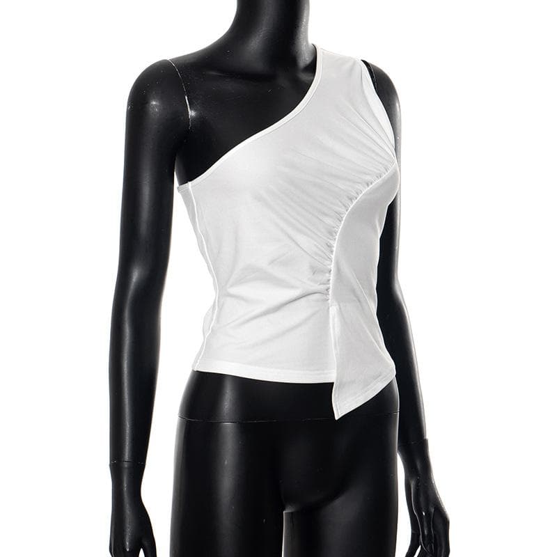 One shoulder ruched irregular solid backless top