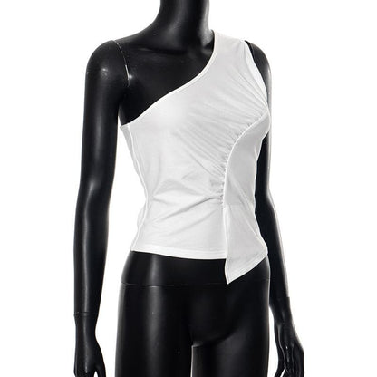 One shoulder ruched irregular solid backless top