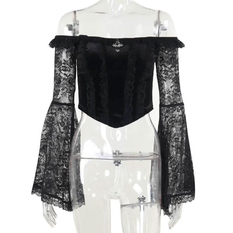 Long flared off shoulder lace cross applique top