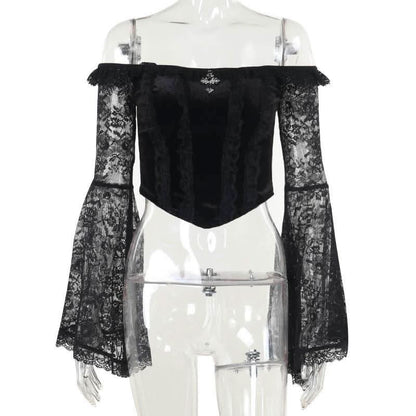 Long flared off shoulder lace cross applique top