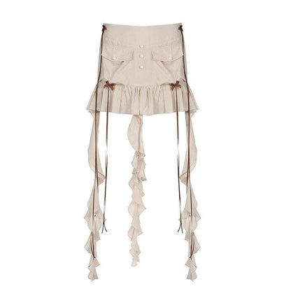 Ruffle ribbon zip-up bowknot button pocket mini skirt