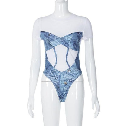 Short sleeve denim print contrast crewneck bodysuit-final-sale