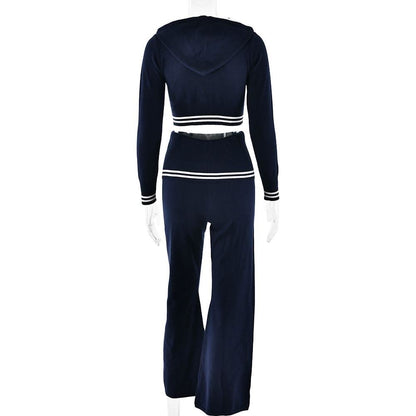 Long sleeve hoodie knitted zip-up high rise pant set