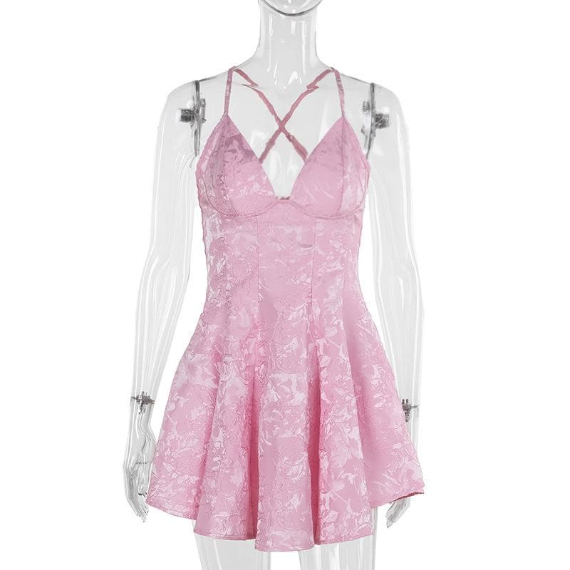 V neck print cross back cami mini dress