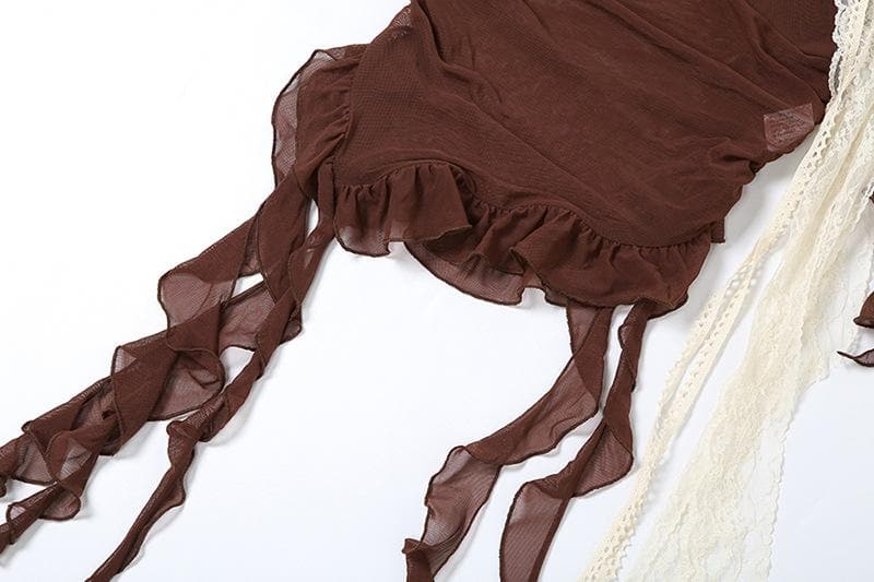 Flower applique lace hem mesh irregular cami top