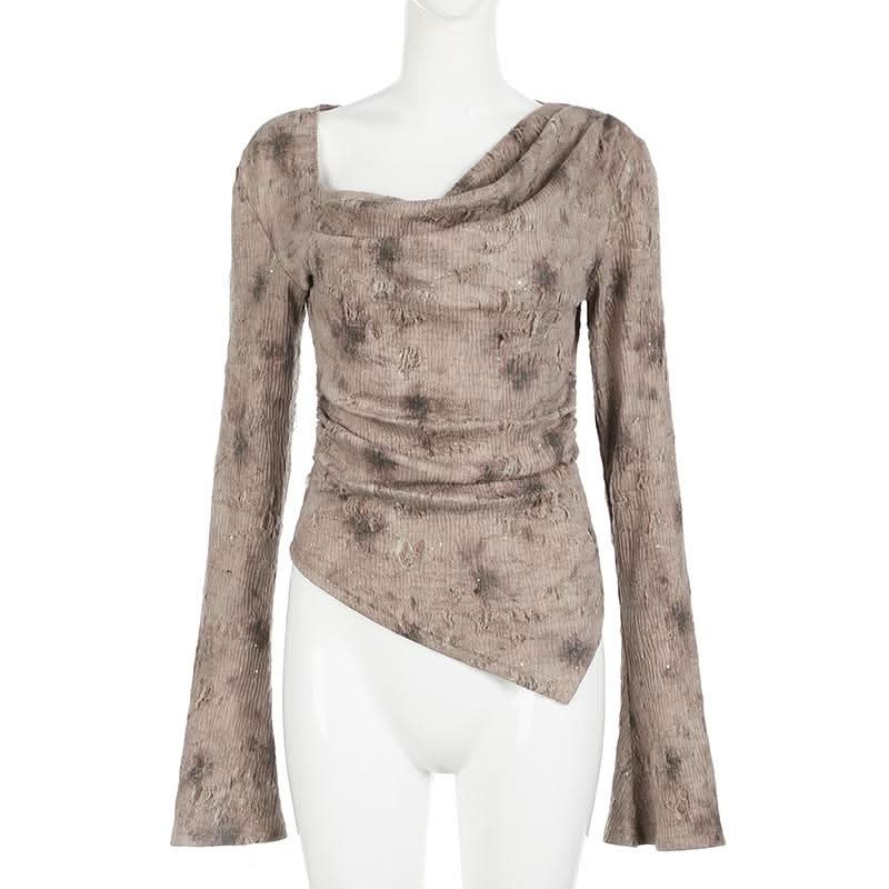 Long sleeve cowl neck ruched beaded top