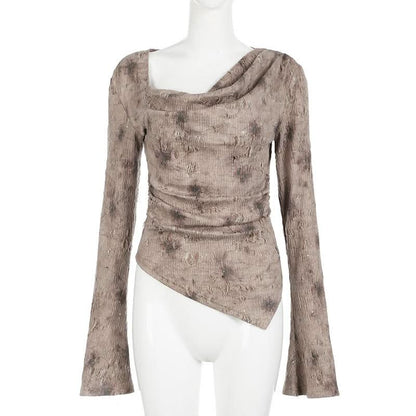 Long sleeve cowl neck ruched beaded top