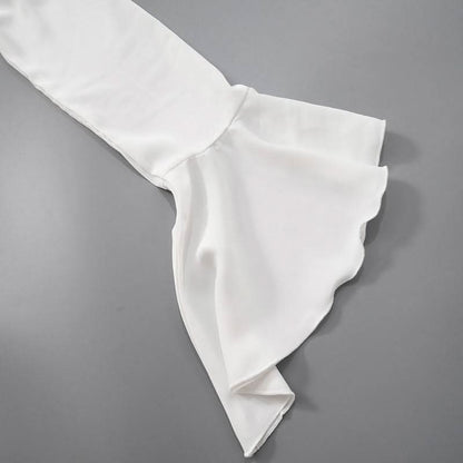 Long flared sleeve ruched ruffle button solid top