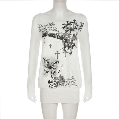Long sleeve butterfly print backless top