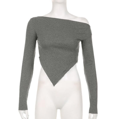 Long sleeve irregular slit off shoulder solid top