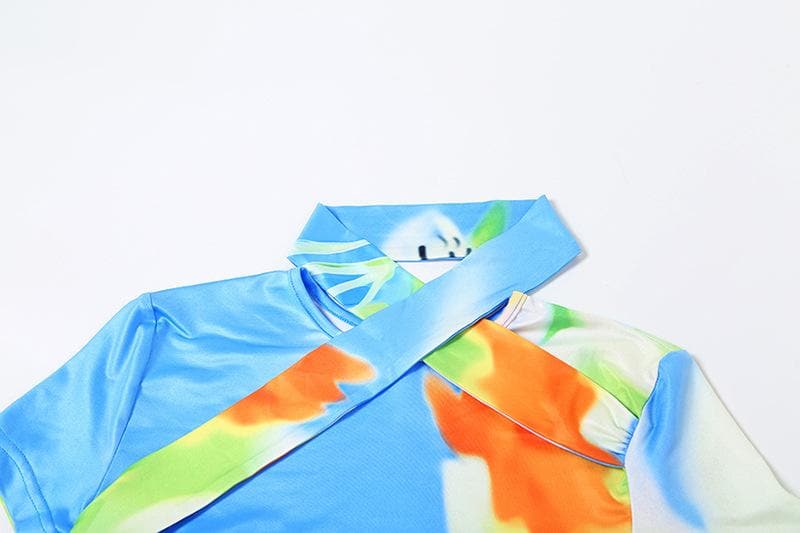 Short sleeve ruched contrast print maxi skirt set-final-sale