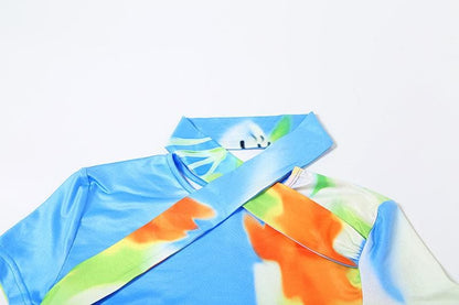 Short sleeve ruched contrast print maxi skirt set-final-sale