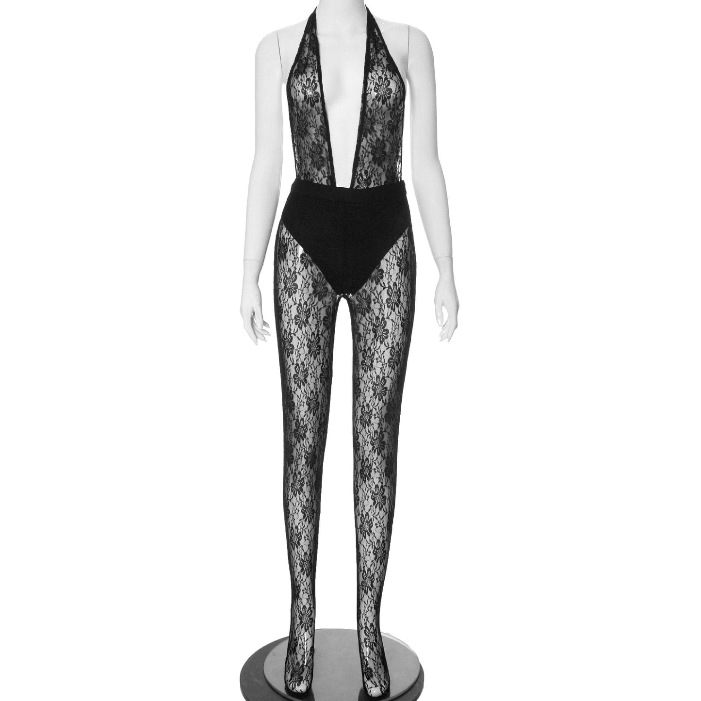 Halter deep v neck see through lace pant set