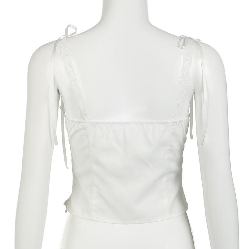 Ruched lace hem button bowknot ribbon cami top
