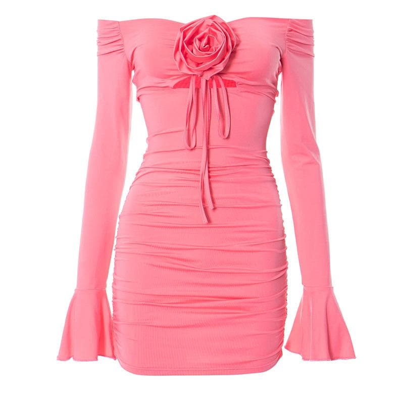 Flower applique hollow out ruched long flared sleeve cut out mini dress