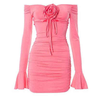 Flower applique hollow out ruched long flared sleeve cut out mini dress