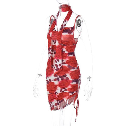 Floral Print Ruched Drawstring Side Spaghetti Strap Midi Dress