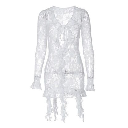 Long flared sleeve ruffle lace see through mini dress