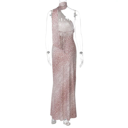 Irregular halter leopard print contrast maxi dress