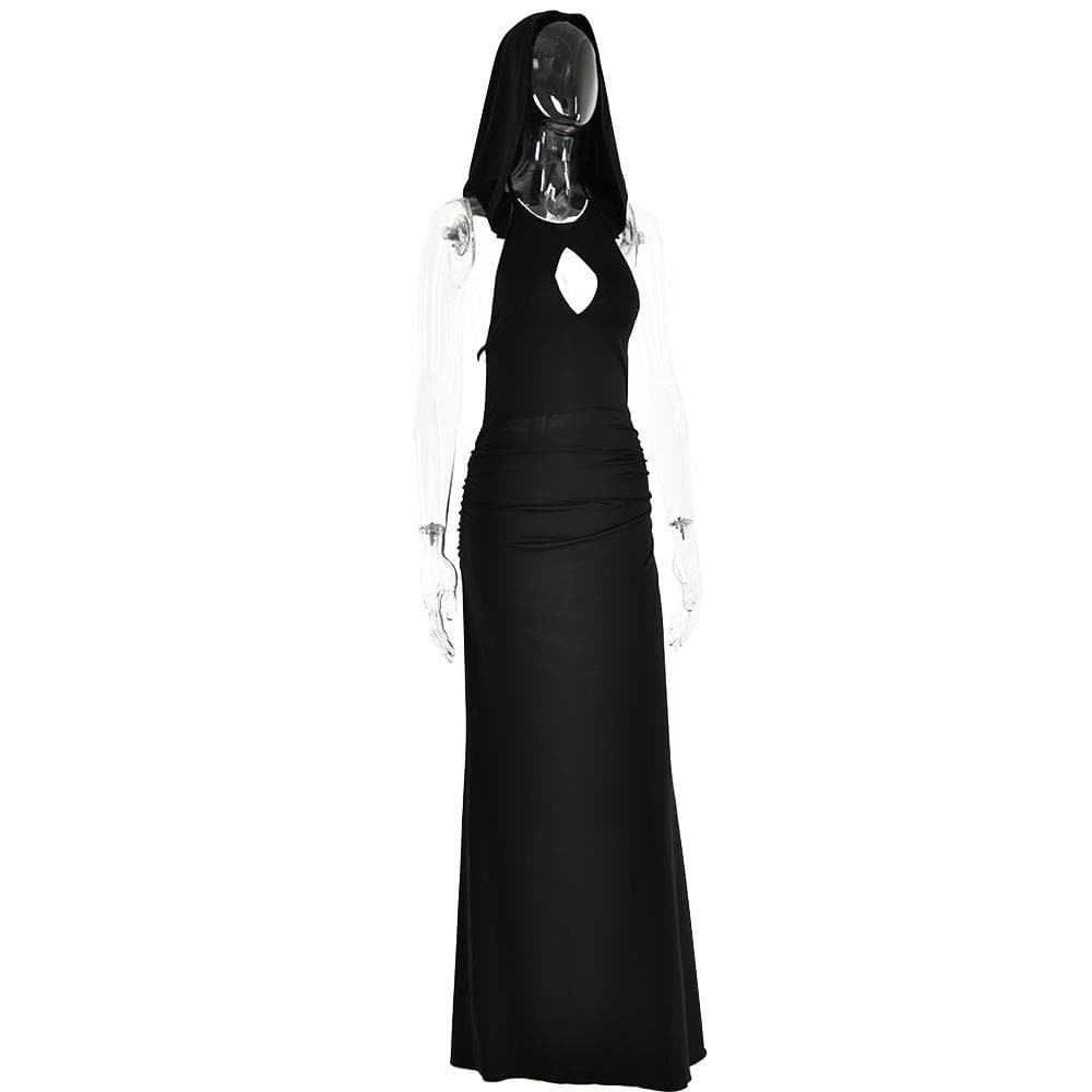 Hooded Halter Keyhole Sleeveless Ruched Hip Maxi Dress