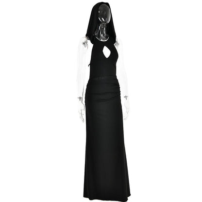 Hooded Halter Keyhole Sleeveless Ruched Hip Maxi Dress