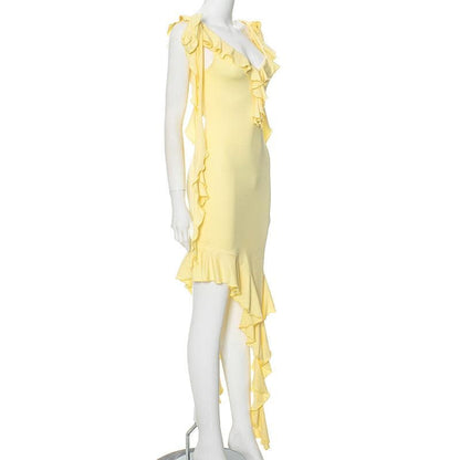 V neck ruffle solid knotted cami mini dress