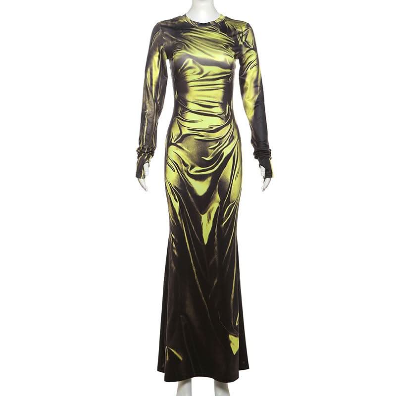 Long sleeve crewneck ruched print maxi dress