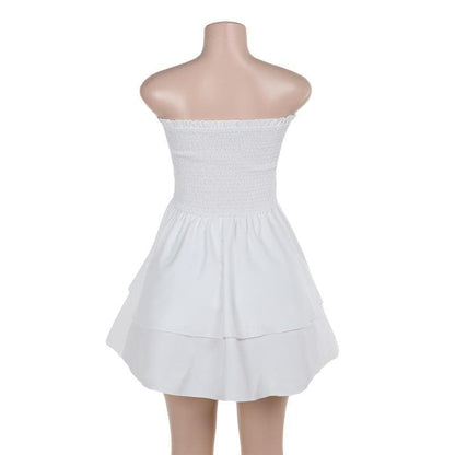Smocked backless ruched ruffle tube mini dress