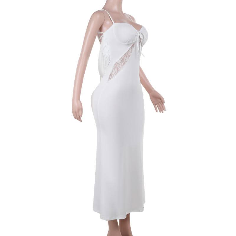 Self tie cross back v neck lace ruched midi dress