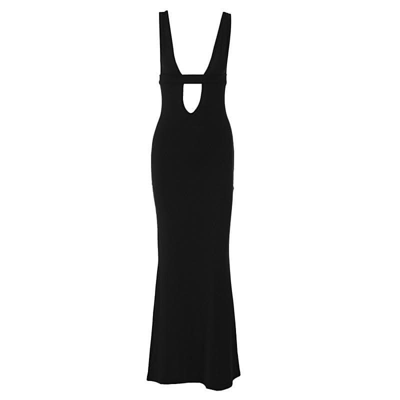 Sleeveless low cut hollow out solid backless cut out maxi dress-final-sale