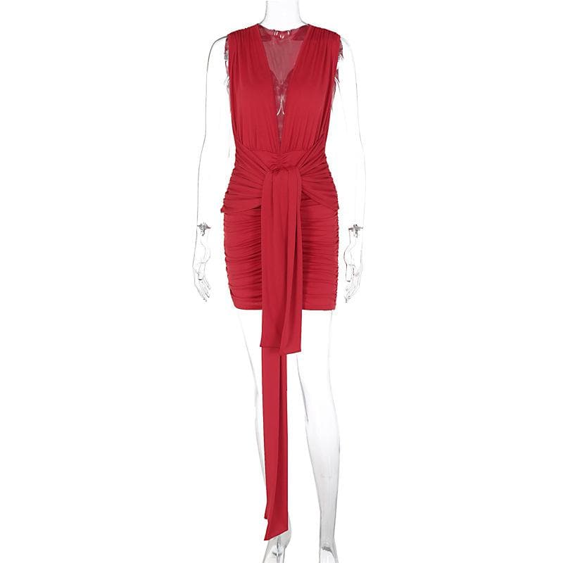 Deep V neck ruched solid mini dress