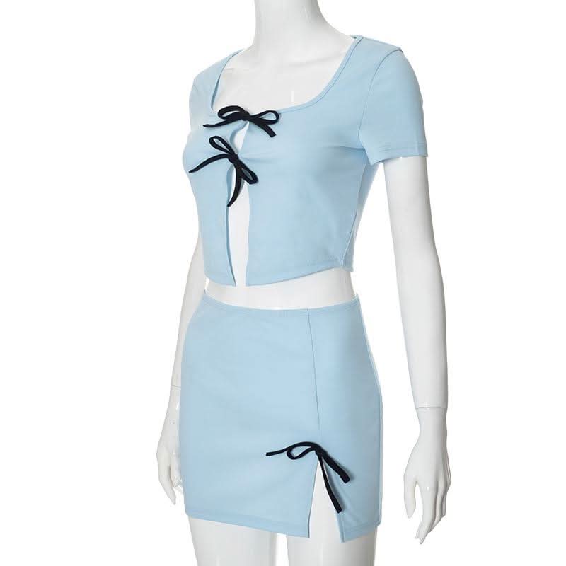 Short sleeve bowknot crop mini skirt set