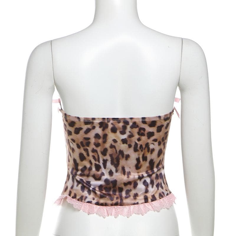 Bowknot leopard print lace hem backless tube top