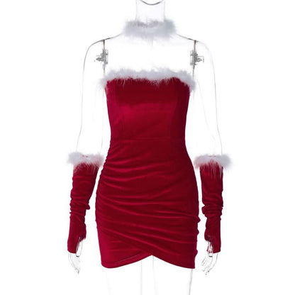 Ruched feather gloves backless tube mini dress